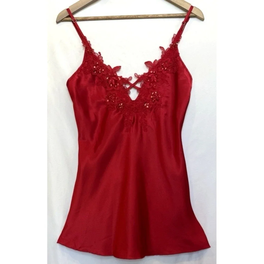 Vintage 90s Shirley Hollywood Satin‎ Lace Mini Cami Slip Dress Size M Red Sheer